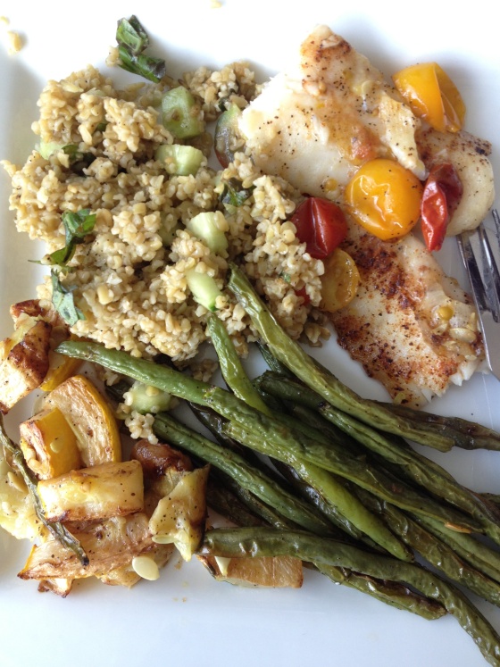 Roasted White Fish with Roasted Veggies and Freekeh Salad